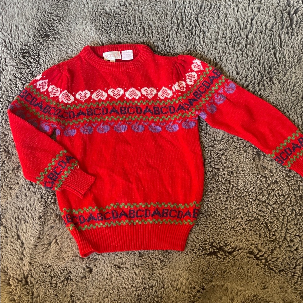 Vintage Puzzles ABCD Knit Sweater Red Sz 5/6Y Hearts
